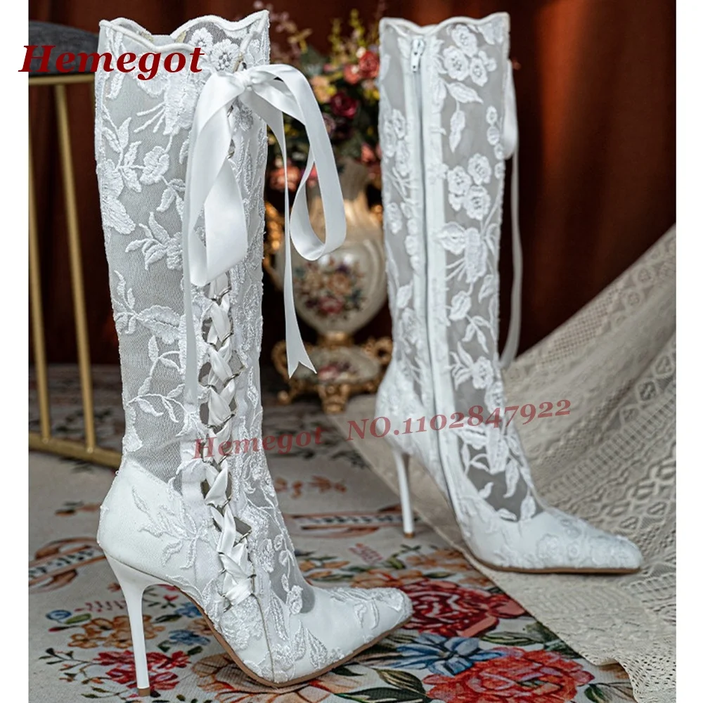 Lace Flower Print Romantic Sandals Pointy Toe Stiletto High Heels Women's Boots Cross Tied Lace-Up Casual Shoes Air Mesh Luxury