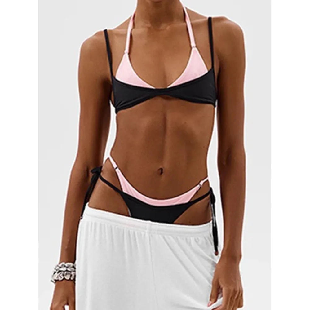 

European and American color blocking neck bikini set, triangular cup strap, low waist thong two-piece set, vacation swimsuit
