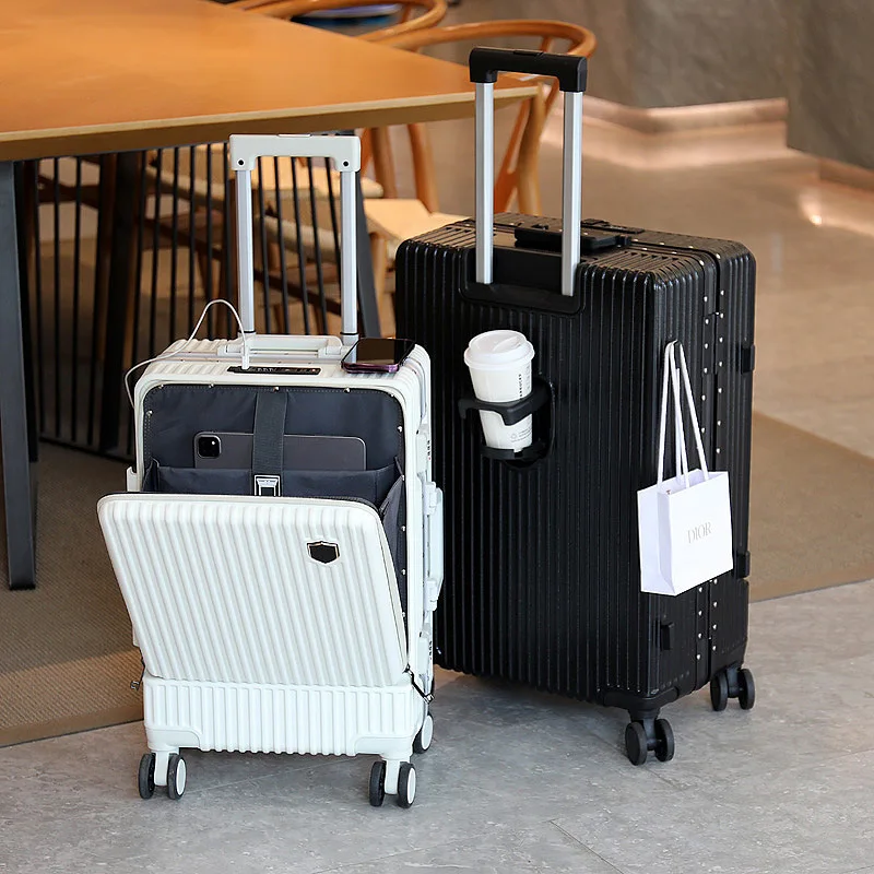 Luggage with Aluminum Frame and Thickened Front-open Cover for Male and Female Boarding with USB on multifunctional Trolley Bag