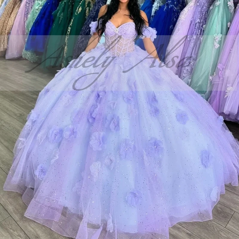 Elegancka liliowa księżniczka słodka 16 14 dziewczęca sukienka na quinceanera Off ramię zasznurować przyjęcie urodzinowe Vestido de 15 anos ballkleider