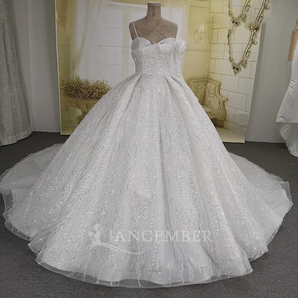 Customized Exquisite Wedding Ball Gowns Sequins Beading Lace Bridal Dress One-Shoulder Long Sleeves Train Vestido de novia