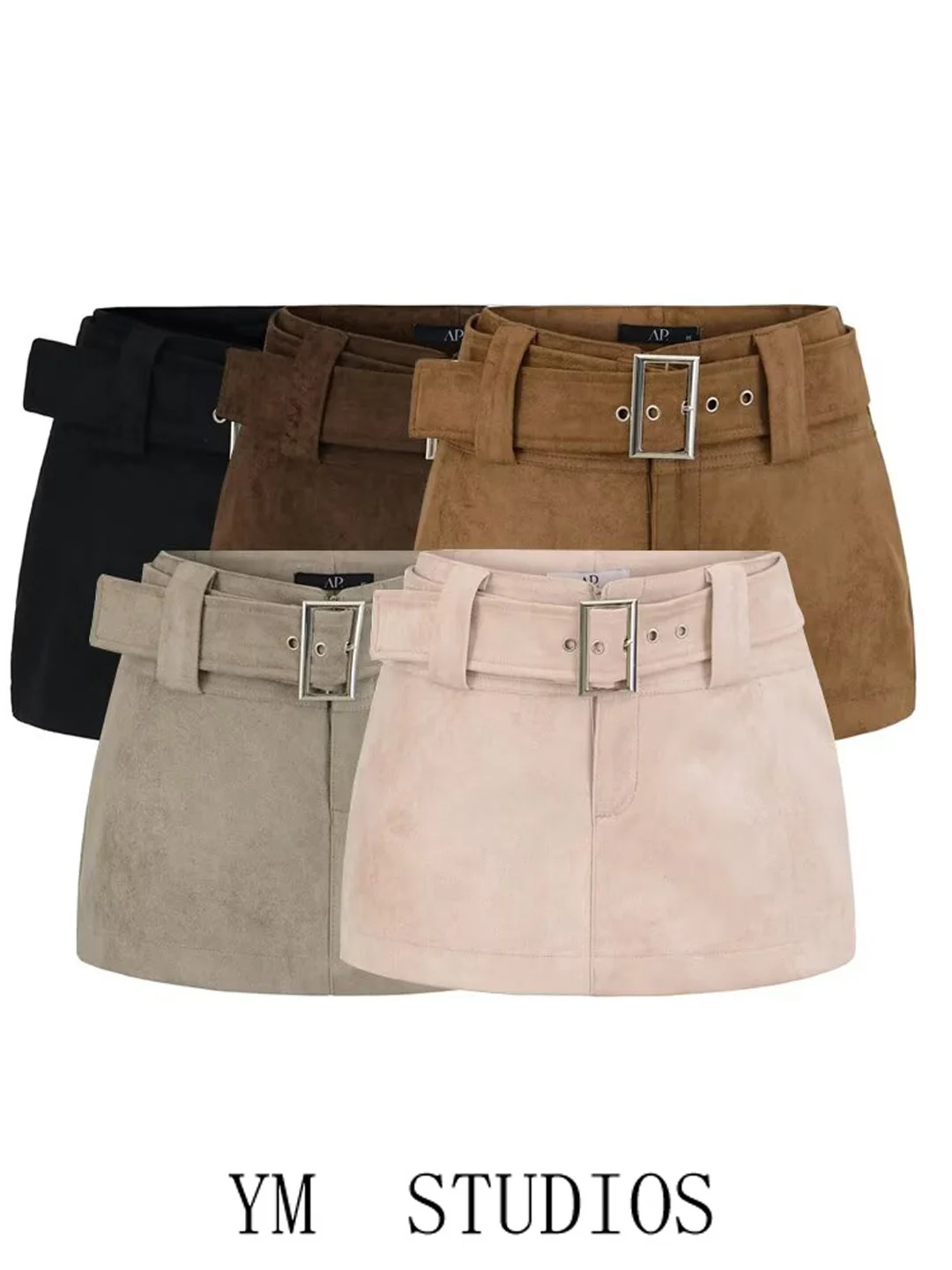 

Юбка А-силуэта с высокой талией для женщин, из замши, с поясом, короткая, непрозрачная, модная женская юбка-полусолнце