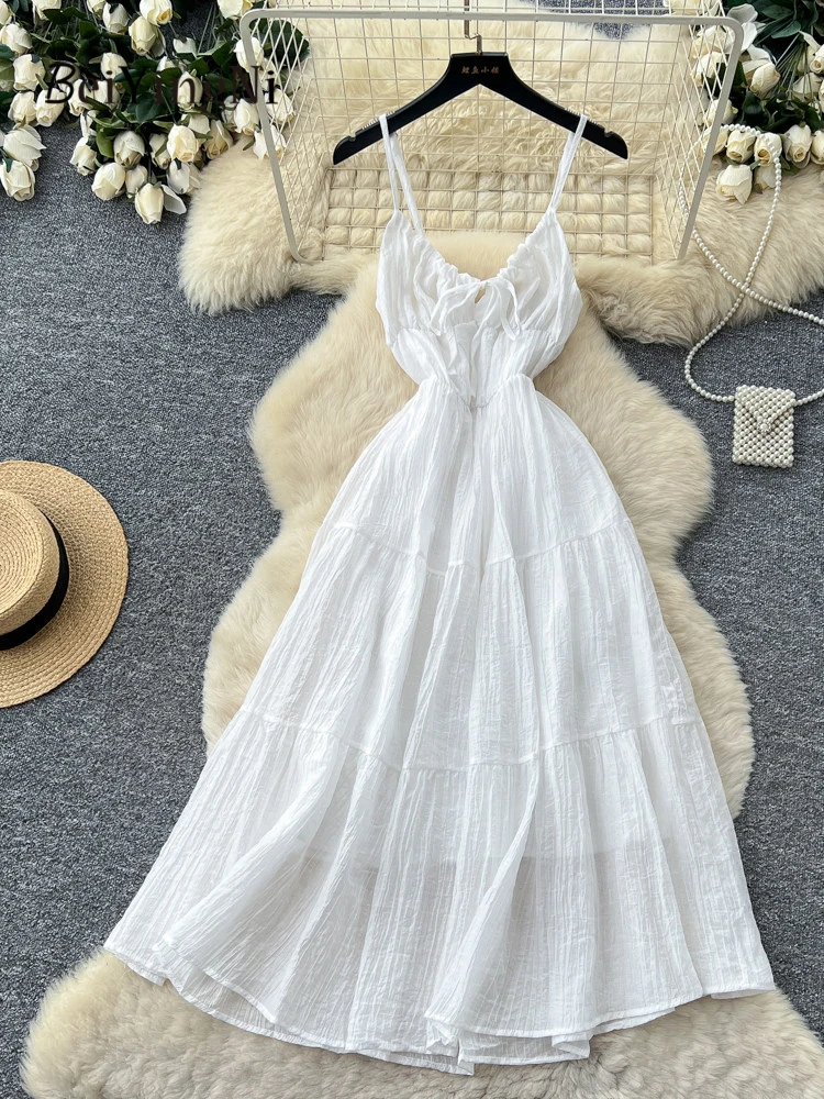 

Beiyingni French Romance Spaghetti Strap Dress Women Plain Low-cut Slim Waist Long Dresses Ladies Casual Vacation White Dress