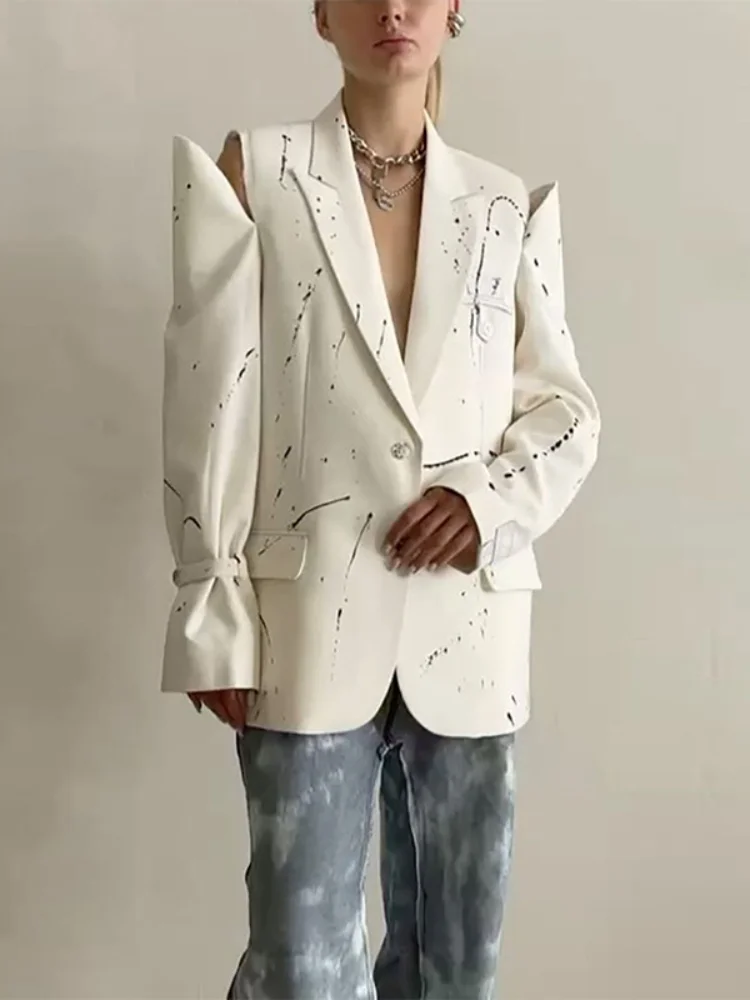 طباعة الباردة الكتف طويلة الأكمام دعوى سترة المرأة موضة بدوره إلى أسفل طوق واحدة الصدر جيوب بليزرات قاطرة ملابس خارجية