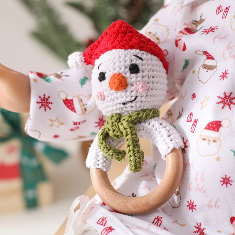 1PC Baby Snowman Ratter Toys Wooden Teether Crochet Elk Deer  BPA Free Rattle Toy Newborn Amigurumi Teether Baby Christmas Gifts