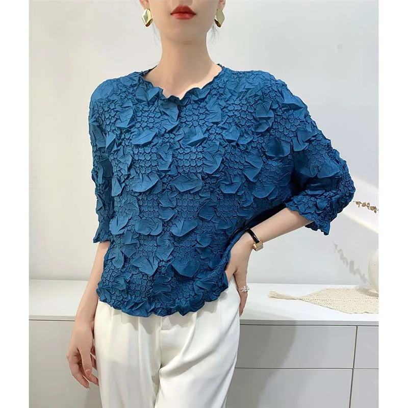 

Miyake Pleated Tops for Women 2026 Summer Fashion Loose Large Size Embroidered Hand-pleated Pullover Bat Sleeve T-shirt Women