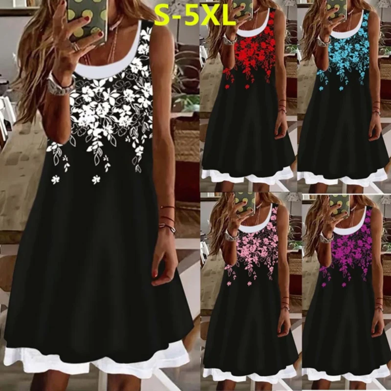 Damen-Kleidung, bedruckt, ärmellos, kniehoch, U-Ausschnitt, lässig, weich und bequem, lockeres Blumenmuster, gefälschtes zweiteiliges Damenkleid