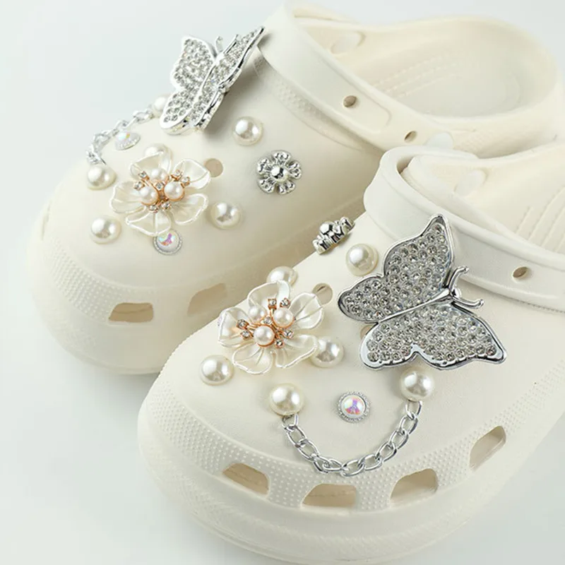 New Pearl Flower Hole Shoe Charms Accessories Shoe Buckle Silver Butterfly Shoe Flower DIY Shoes Decorations