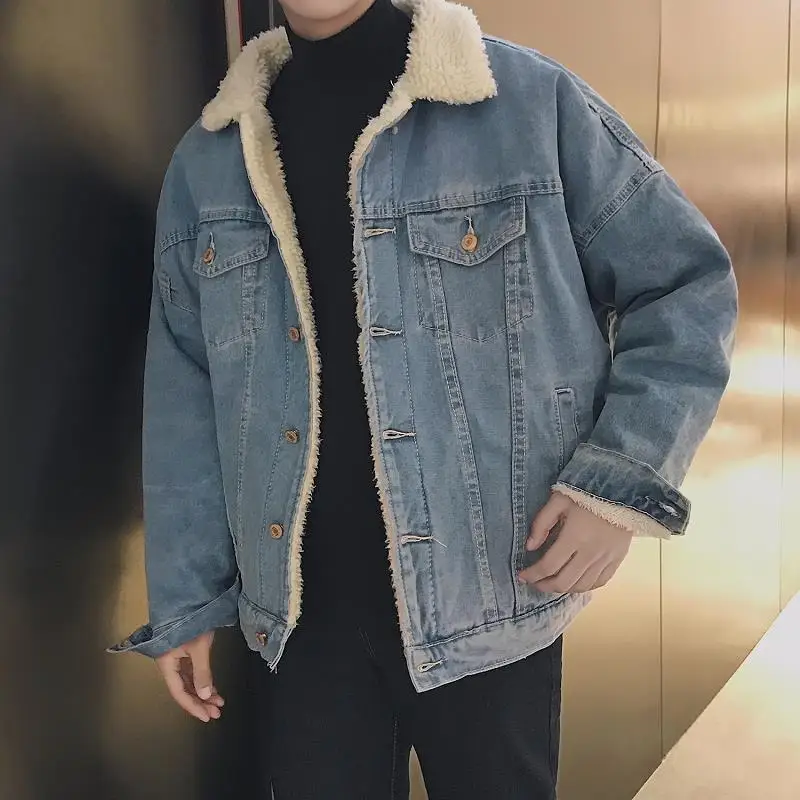 2025 Winter New Men Lamb Wool Collar Denim Jacket Fleece Lined Fashion Trendy Versatile Elegant Design Handsome Coat