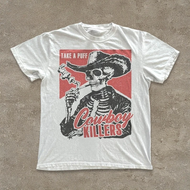 Summer Men Women Cowboy Killers Funny Skull Graphic Print Cotton T-Shirt Vintage Western Grunge Edgy Alt Short Sleeve Clothing
