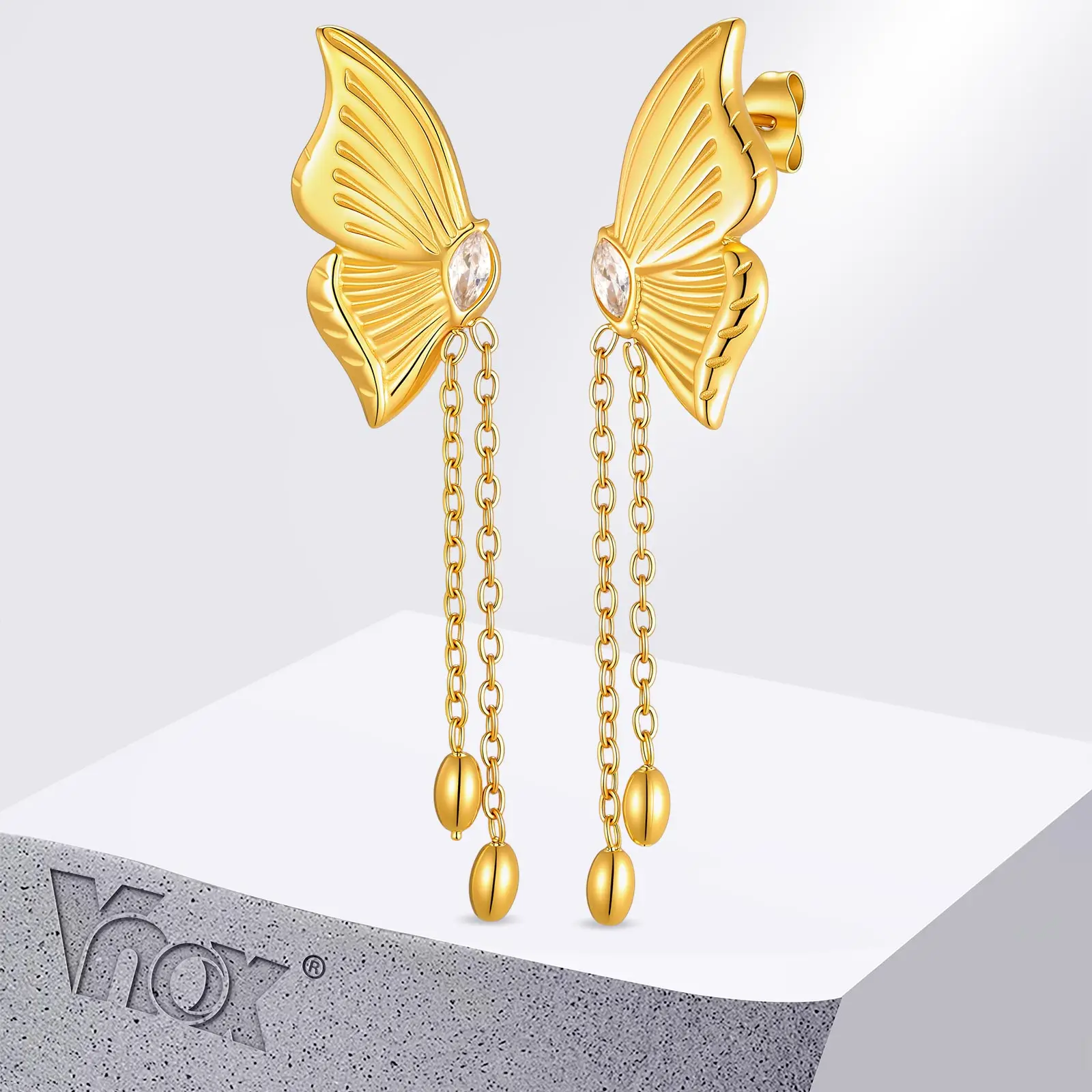 Vnox Gold Plated Butterfly Zircon Tassel Dangle Earrings for Women, Stainless Steel CZ Drop Earrings, Elegant Party Jewelry Gift