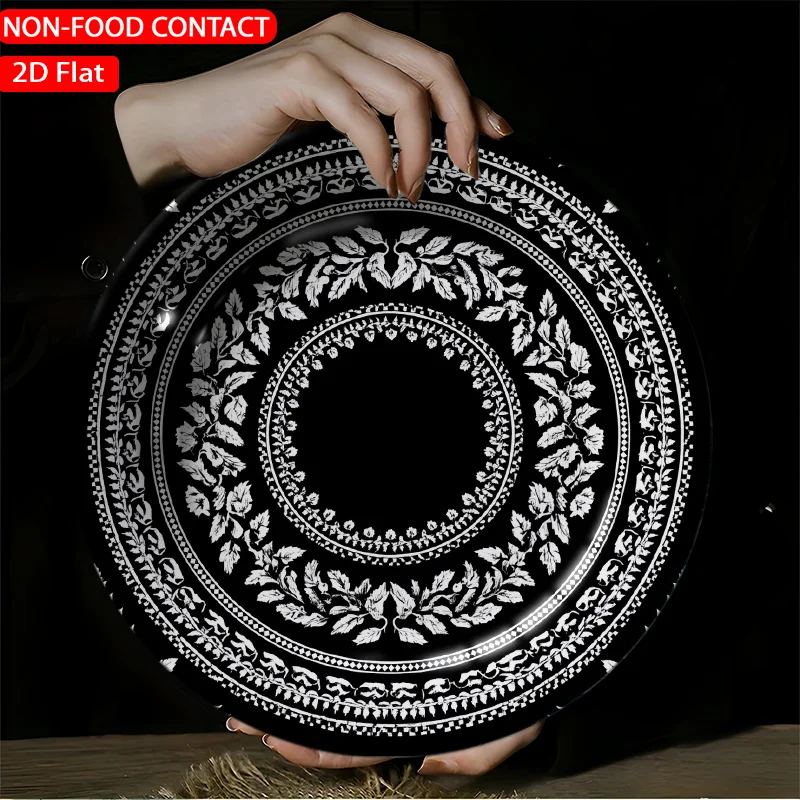 1pc Ceramic Decorative Plate Retro Ornate Leaf Circle Black--2D Planar Circular Porcelain Plate, Not for Food Contact, for Home