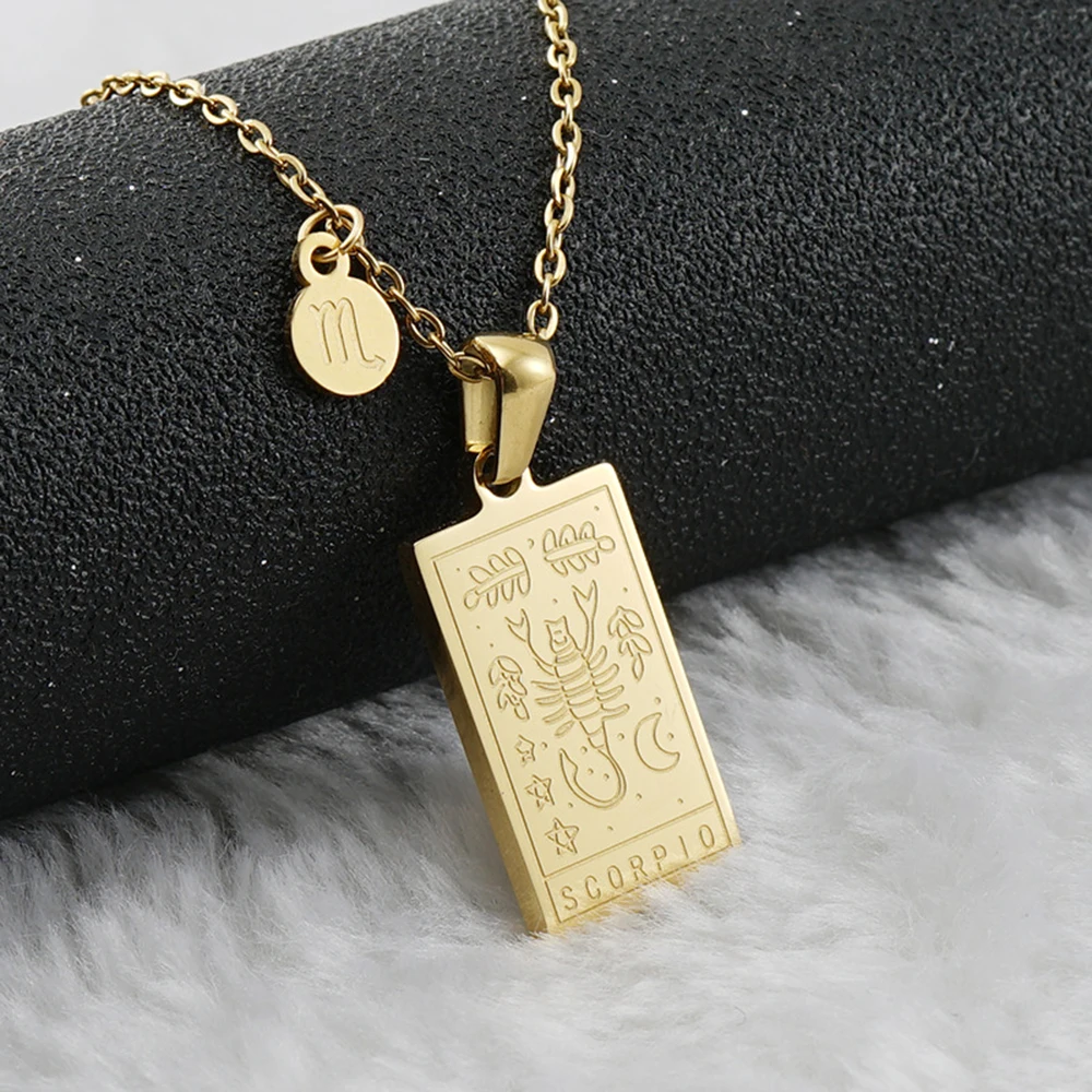 12 Constellations Tarot Necklace Stainless Steel Plating Gold Color Square Zodiac Sign Pendant Clavicle Chain for Women Jewelry