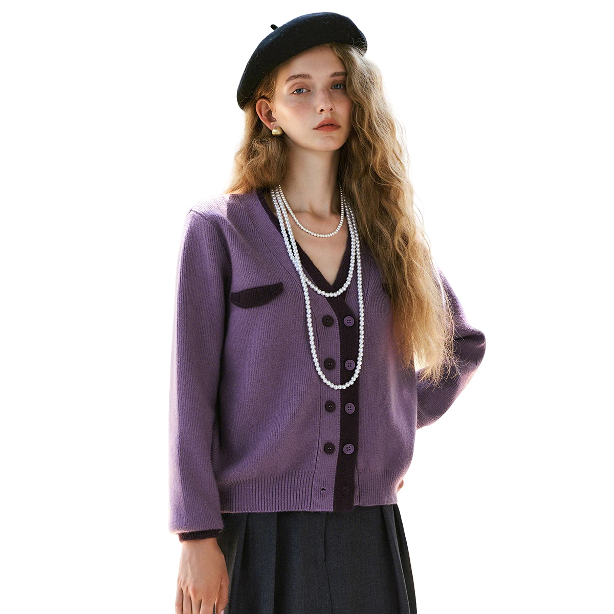 OLrain Women's French Style Elegant Purple Cardigan 2026 Spring Fall Soft Plush Yarn Color Block Spliced Knitwear E56QM85080