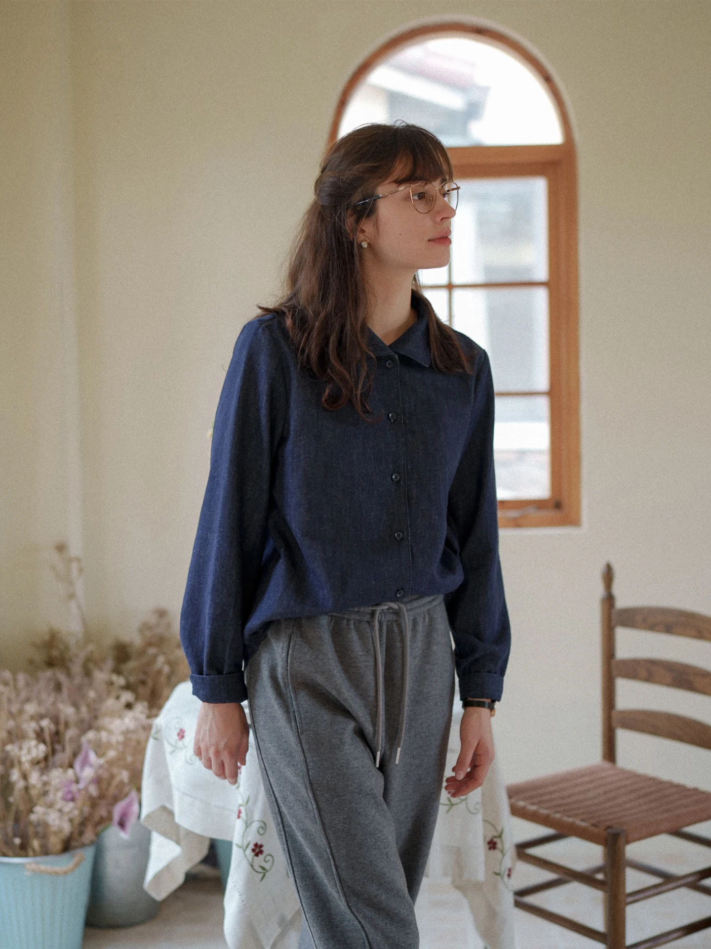 

MARCHNOON French Sle Thiened Long Sve Denim irt Han Han Hemp Cotton Blend Collarl Cardigan Women's Winter Top