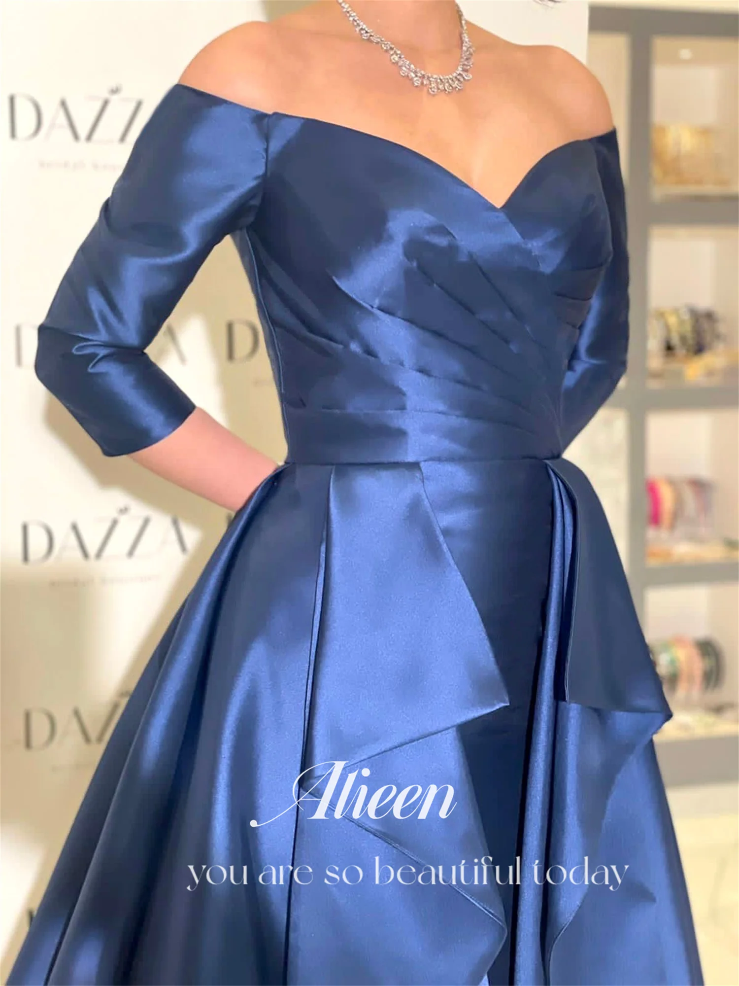 Aileen Off the Shoulders Long Sleeves Blue Satin Formal Occasion Dresses on Offer Evening Clearance Elegant Dress Woman 2024