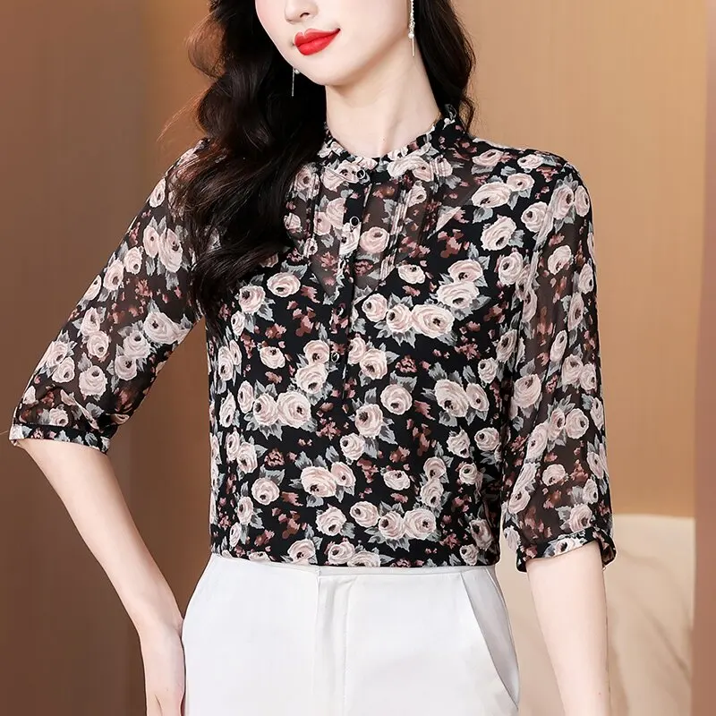 

Модная женская рубашка с рукавом три четверти, летняя новинка, трендовый принт, шифон, свободный крой, большие размеры, шикарный топ