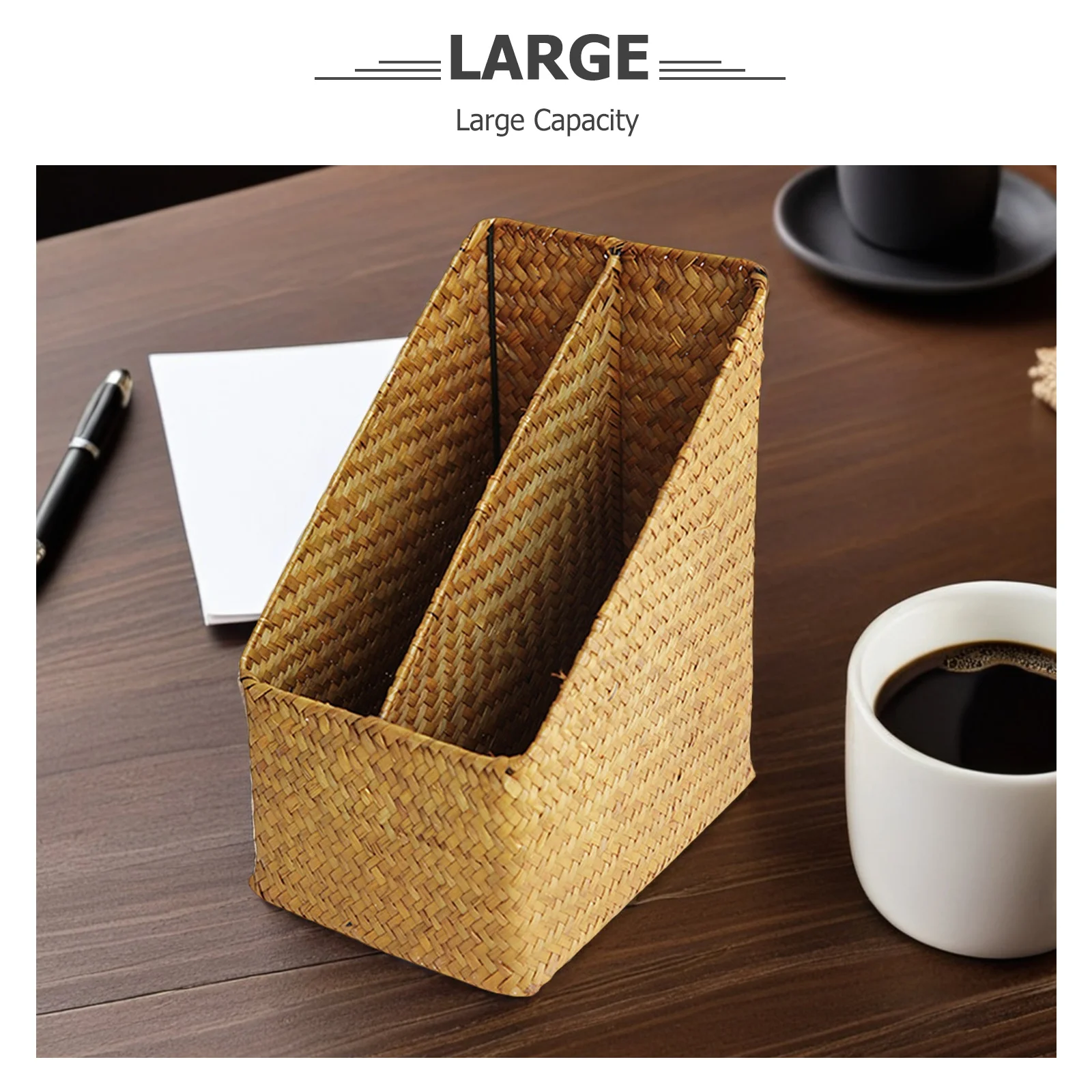Handwoven Straw Document Organizer File Holder Sturdy Desk Storage Basket for Books Files Desktop Office Study Organizer