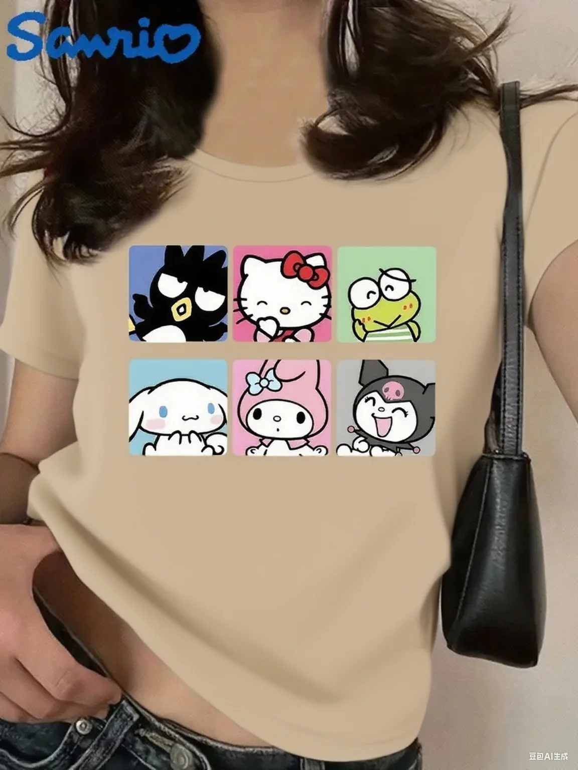 

Sanrio Character Grid Cotton T Shirt Lovely Cartoon Character Compilation Brand Streetwear Print New Arrival Tee S-4XL