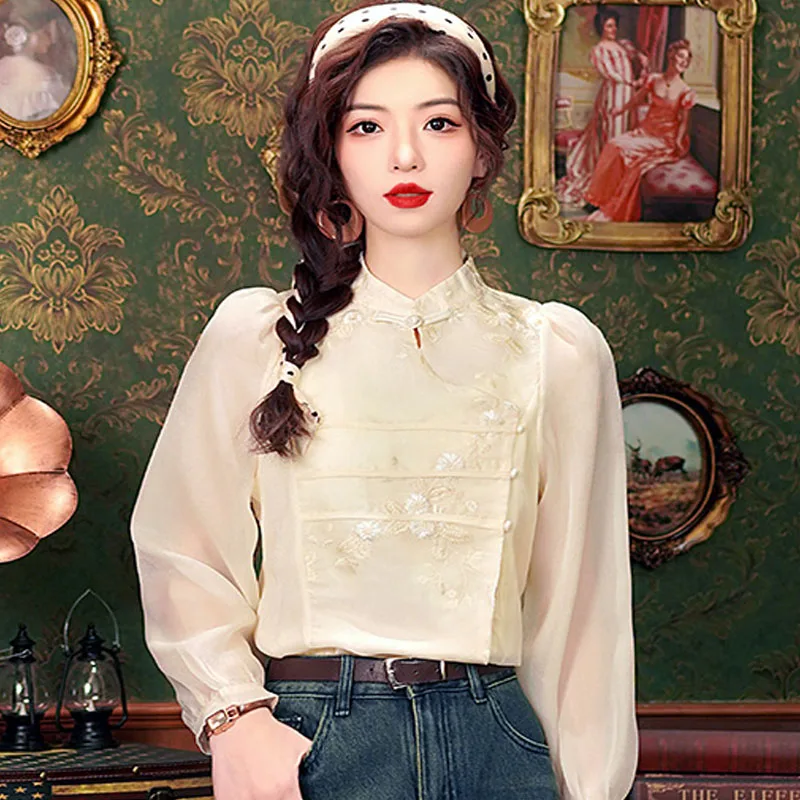 Fashion Chinese Style Embroidery Chiffon Women Blouse Shirt Tops Blusas Mujer De Moda 2024 Long Sleeve Blouse Women Blusa H518