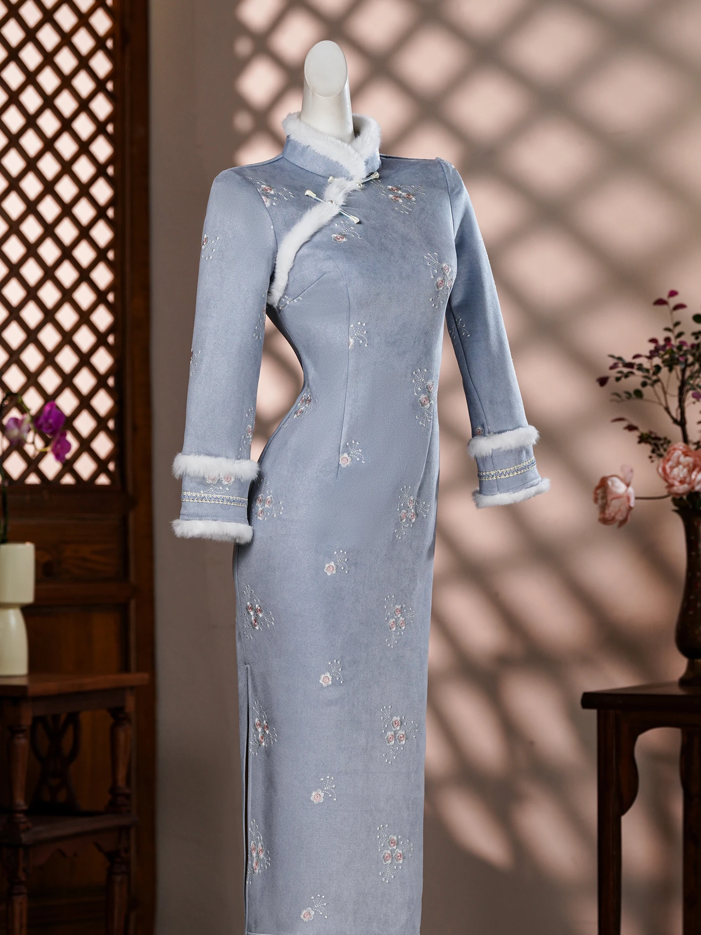 New Chinese Sle  Thiened Fce Lined Winter ort plus Size Girls Daily Wear Retro Sle Long Sve Midi Dr