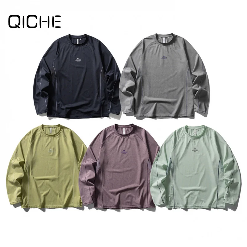 QICHE Unisex Autumn‑Winter Mountain‑Style Moisture‑Wicking Quick‑Dry Raglan Sleeve Color‑Contrast Functional Long‑Sleeve T‑Shirt