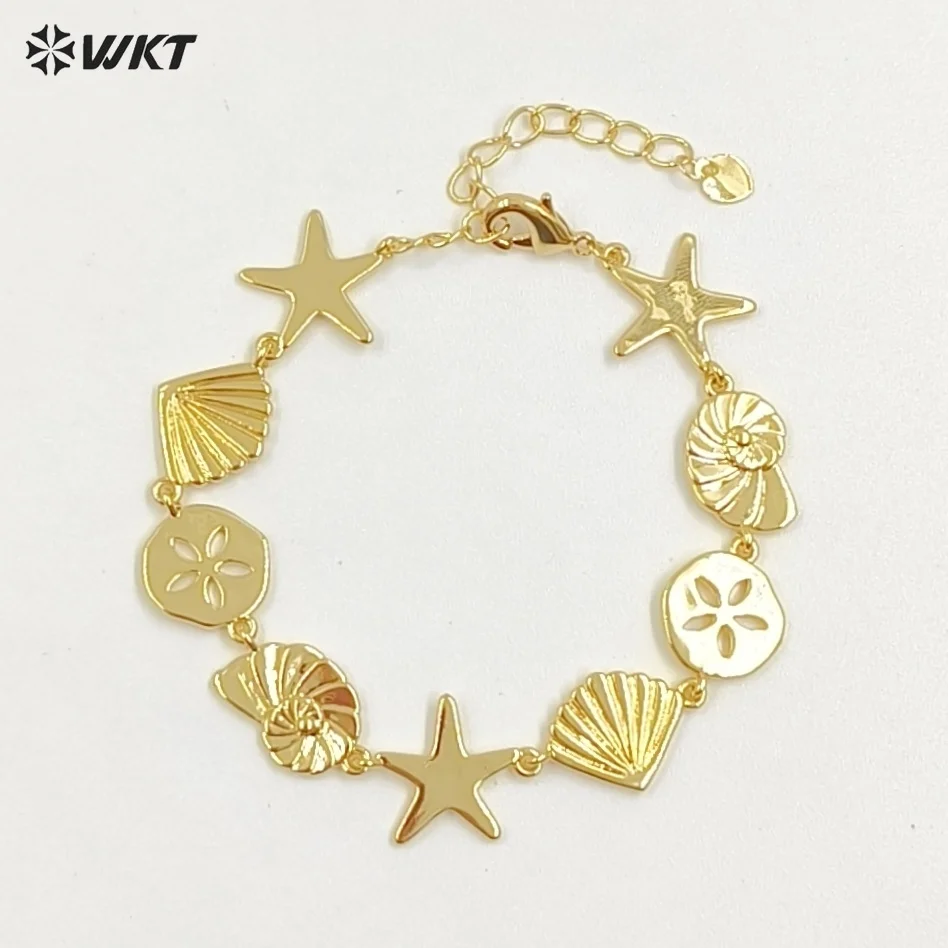 WT-JF367 Vacation Style Unique Lovely Starfish And Shells Yellow Brass 7+2Inch Bracelet For Girls Special Gifts