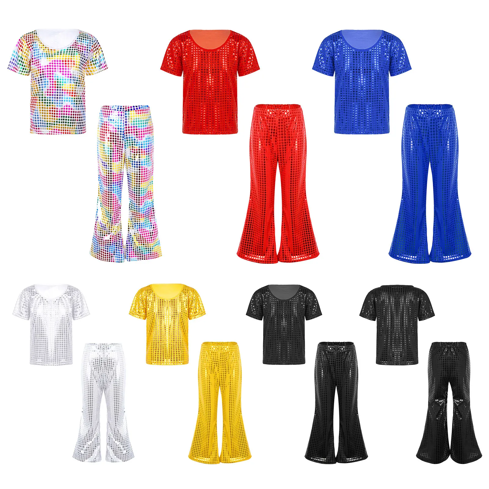 Kids Boys Girls Hip Hop Jazz Street Dance Outfits Shiny Sequins Elastic Waistband Trousers T-shirt Top Set Performance Costume