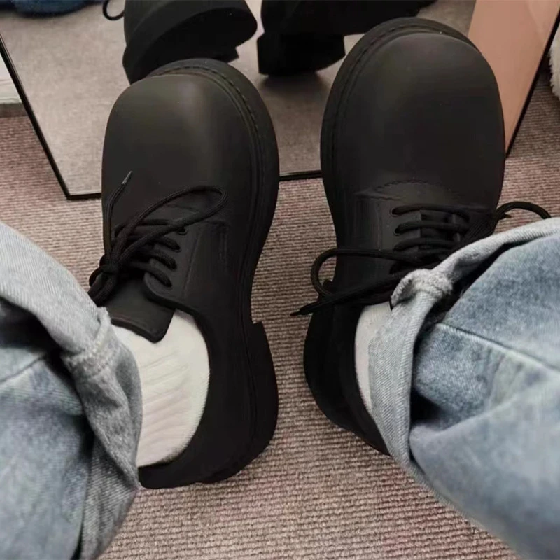 Derby Shoes For Men And Women 2023 New British Style Lace-Up Black Small Leather Shoes Women's Round Toe Thick Heel Shoes Simple