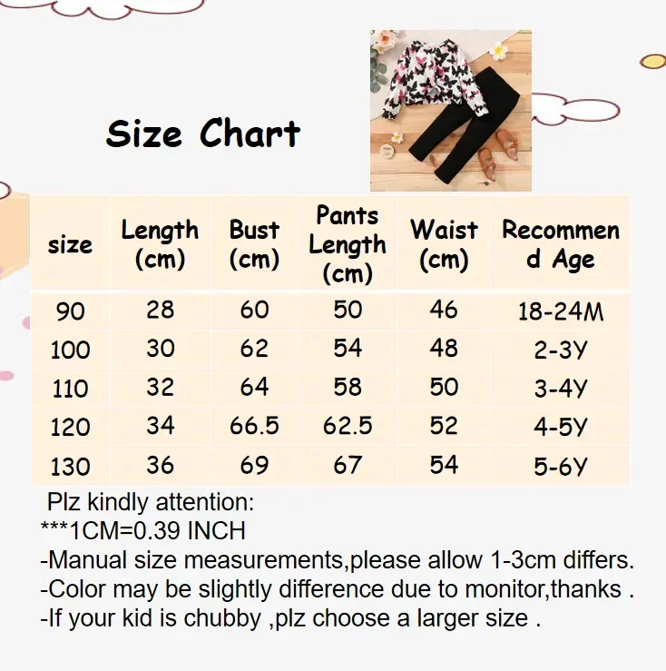 1-6 Years Kids Girls Clothing Set Cute Butterfly Print Long Sleeve Top+Black Pant Fashion Spring and Autumn 2PCS Children Outfit