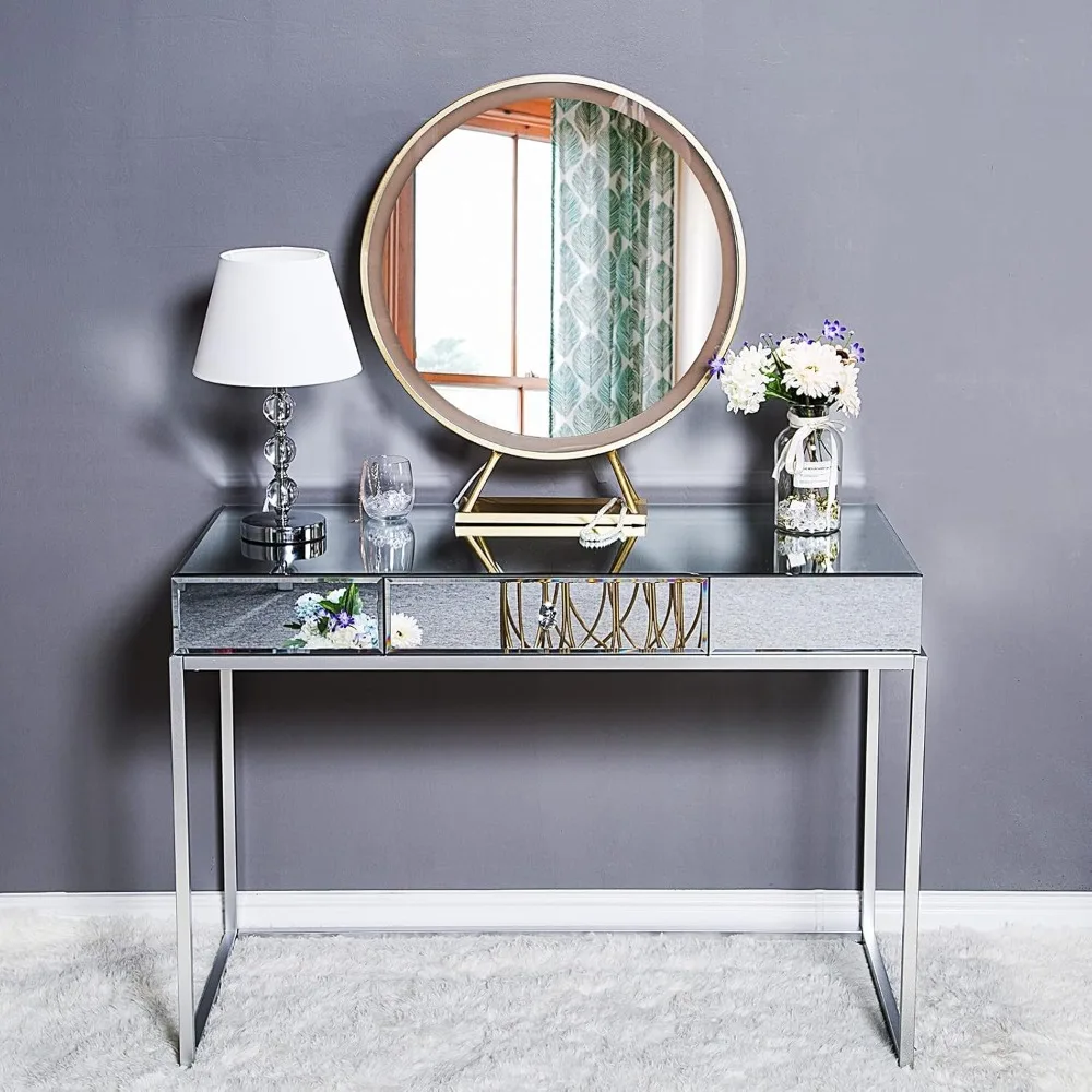 طاولة زينة بمرآة زجاجية بمقبض كريستالي فاخر وأنيق، طاولة تعليمية متعددة الوظائف مقاومة للخدش