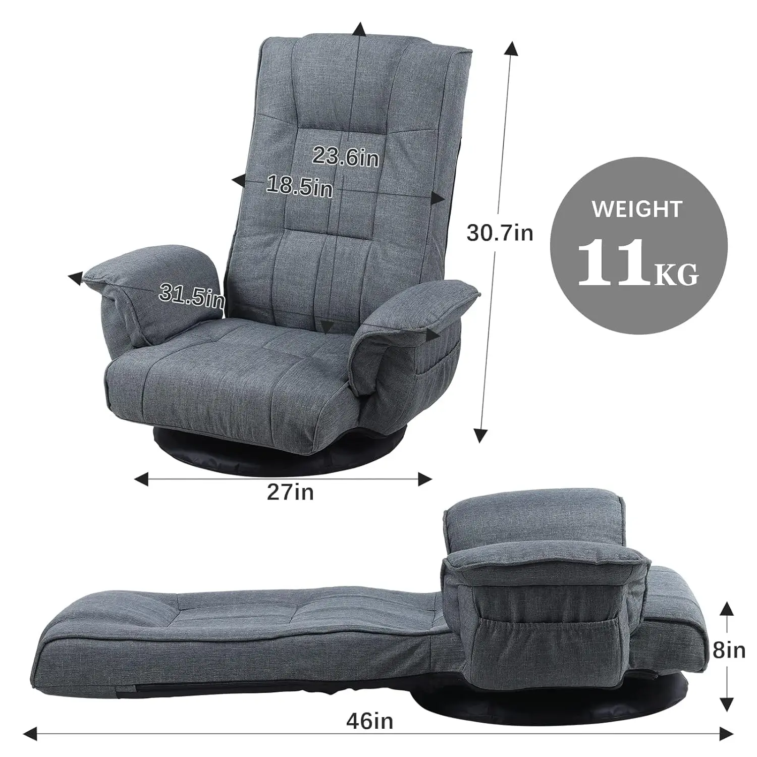 #360 Swivel Gaming Chair 14-Position Adjustable Folding Floor Sofa with Armrests Lounger Bed for Home & Living Room, Customized