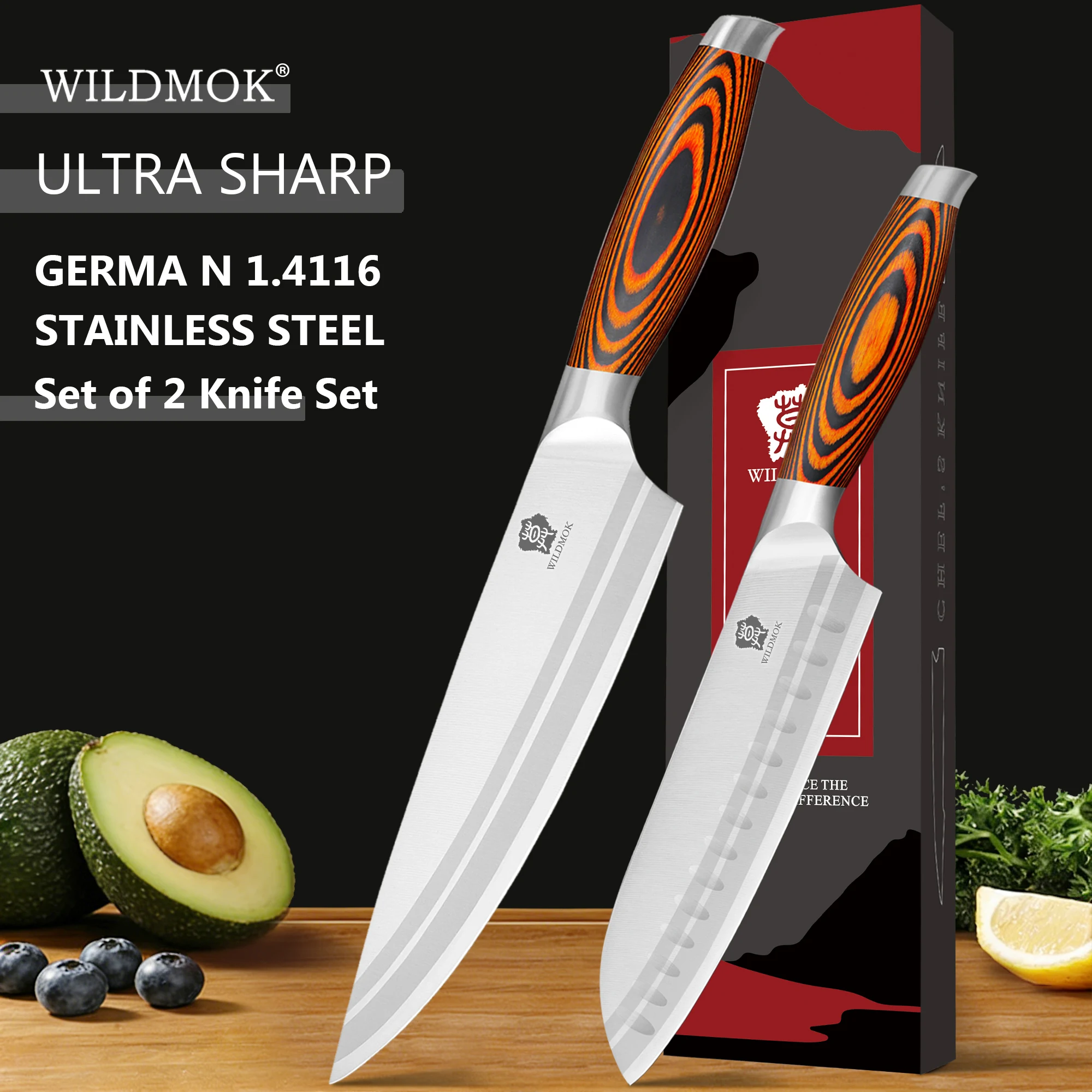 

WILDMOK 2 Piece Kitchen Knife Set, German 1.4116 Steel Chef's & Santoku Knife, Sharp for Slicing and Cutting Meat
