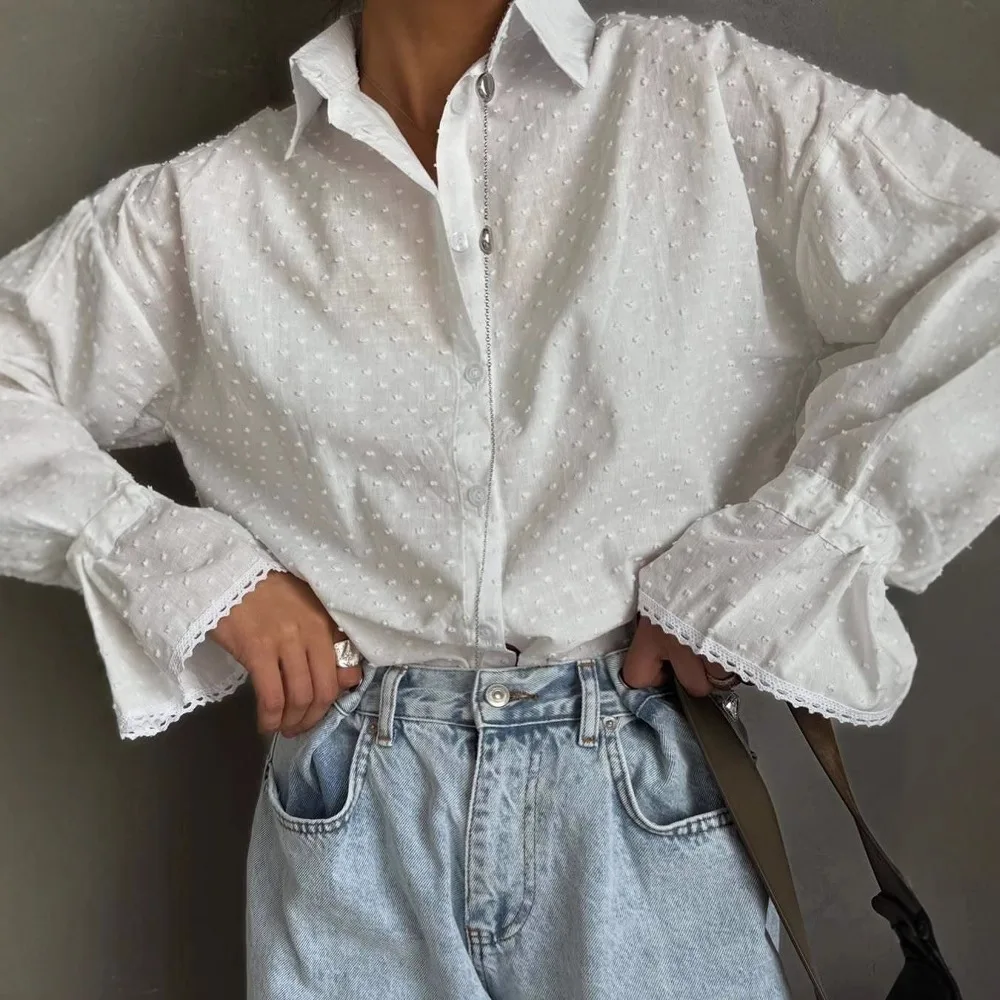 Ladies Elegant White Swiss Dot Button Down Shirt, Lace Trim Flare Sleeve Oversized Blouse for Daily and Office Wear
