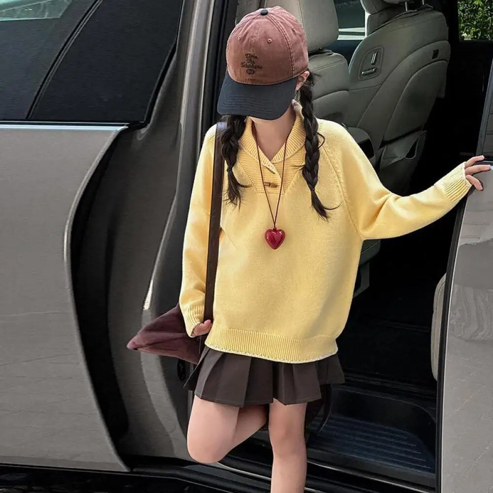 

Kawaii Girl Fashion Keep Warm Lapel Sweater Student Autumn and Winter Cartoon Casual Knitwear Pullover Tops Children's Clothing