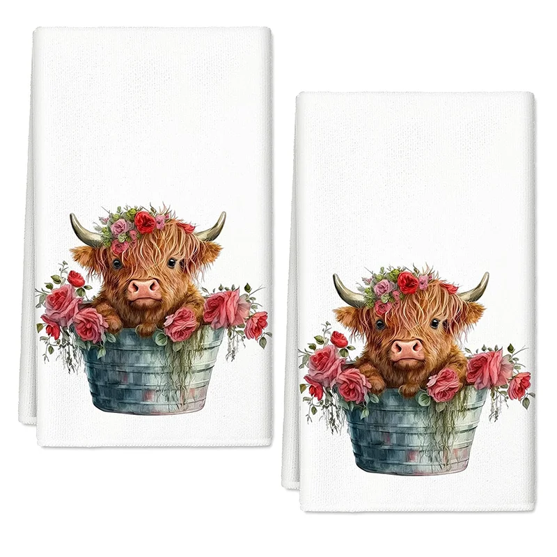 2Pcs, Rose Bucket Highland Cow Kitchen Towels, 40Cm*60Cm Towel Set, Super Absorbent Soft Cleaning Cloth, Cooking and Baking Tea Towel, Hand Towel, Cleaning Cloth, Dishcloth, Kitchen Decoration, Living Room Decorations, Kitchen Essentials, Home Essentials