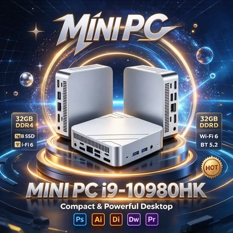 Portable Compact Silver Mini Desktop PC Intel Core I9‑10980H 16GB 2TB SSD WiFi6 Windows 11 Mini PC for Home Office Gaming Study