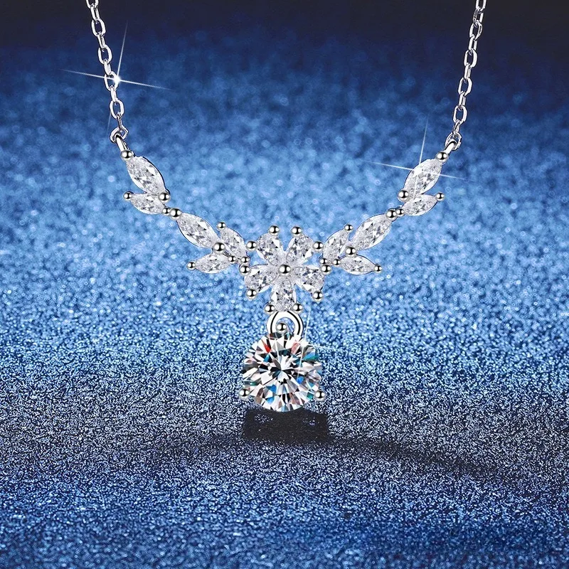 

S925 Sterling Silver Wheat Chain Necklace Floral Design Moissanite Pendant Elegant Dainty Jewelry Gift for Women