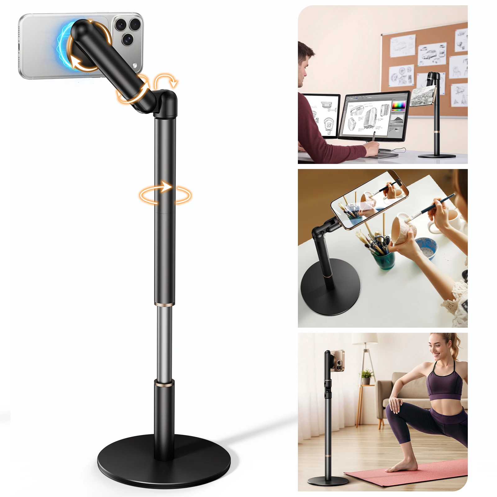 

Desktop Magnetic Phone Holder Stand 360° Rotatable Height Adjustable 10.2-24.4" Universal for iPhone 17 16 15 Samsung