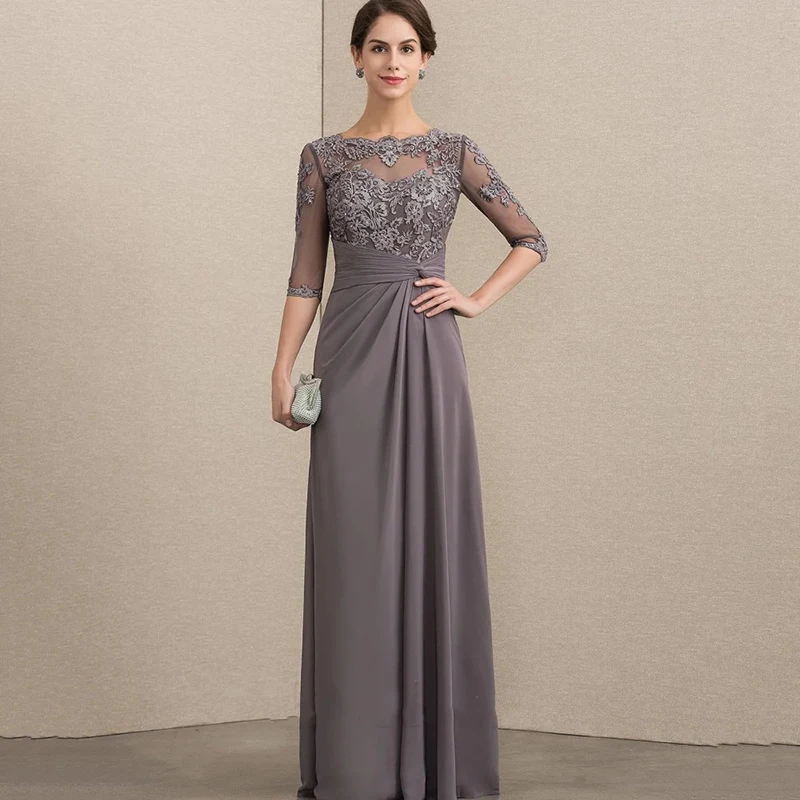 

Elegant Mother of the Bride Dress Half Sleeve with Lace Top Floor - Length Chiffon Evening Dress for Wedding Party Dress