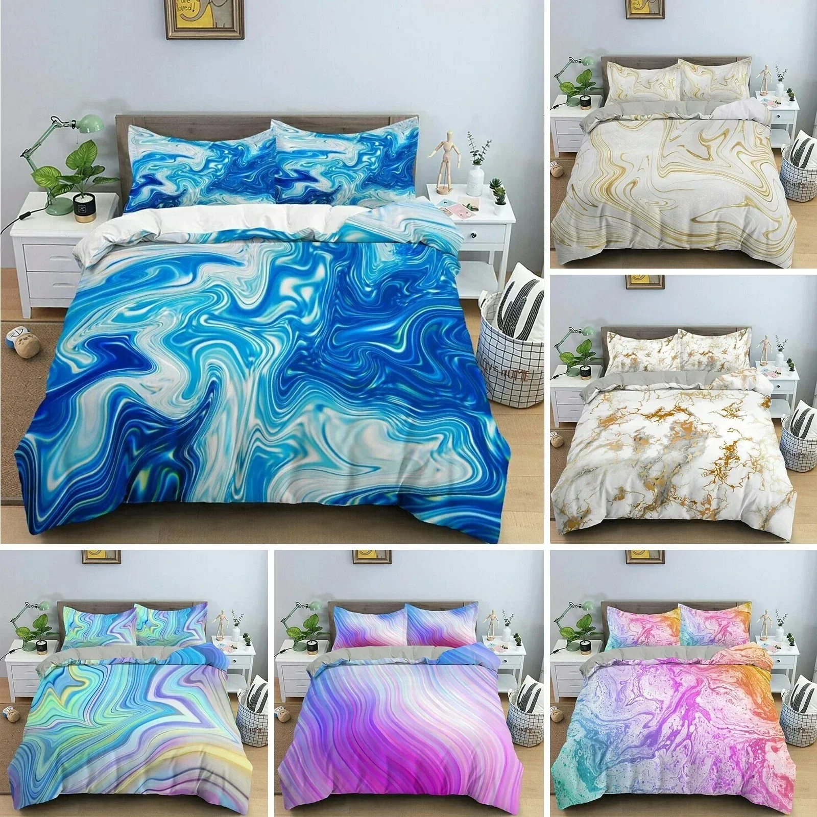 

3D Modern Pattern Bedding Set Duvet Cover Set Pastel Rainbow Marble Printed Comforter Cover Polyester Bedding Set