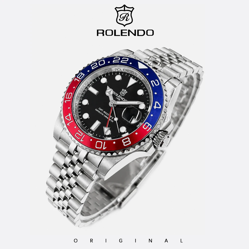 ROLENDO Men Pepsi Auto Watch Red Blue Bezel Steel Band Luminous Date Waterproof Multi-Time Zone Business Diving Male Watch
