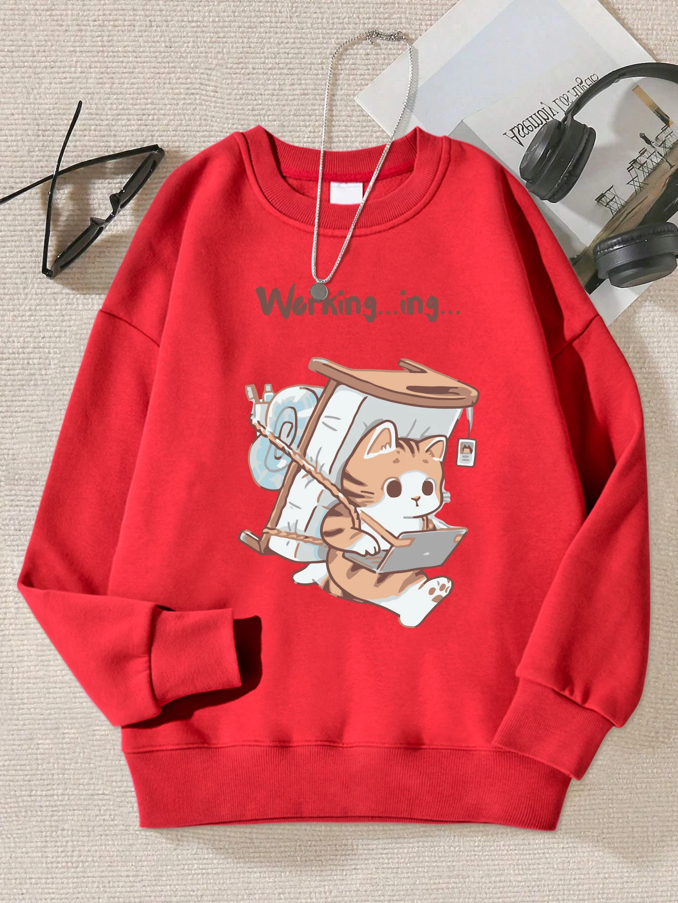 A Sick Cat That Never Forgets To Work Prints Women Streetwear Personality Fleece Sweatshirt Fleece Fashion Clothes New Pullover