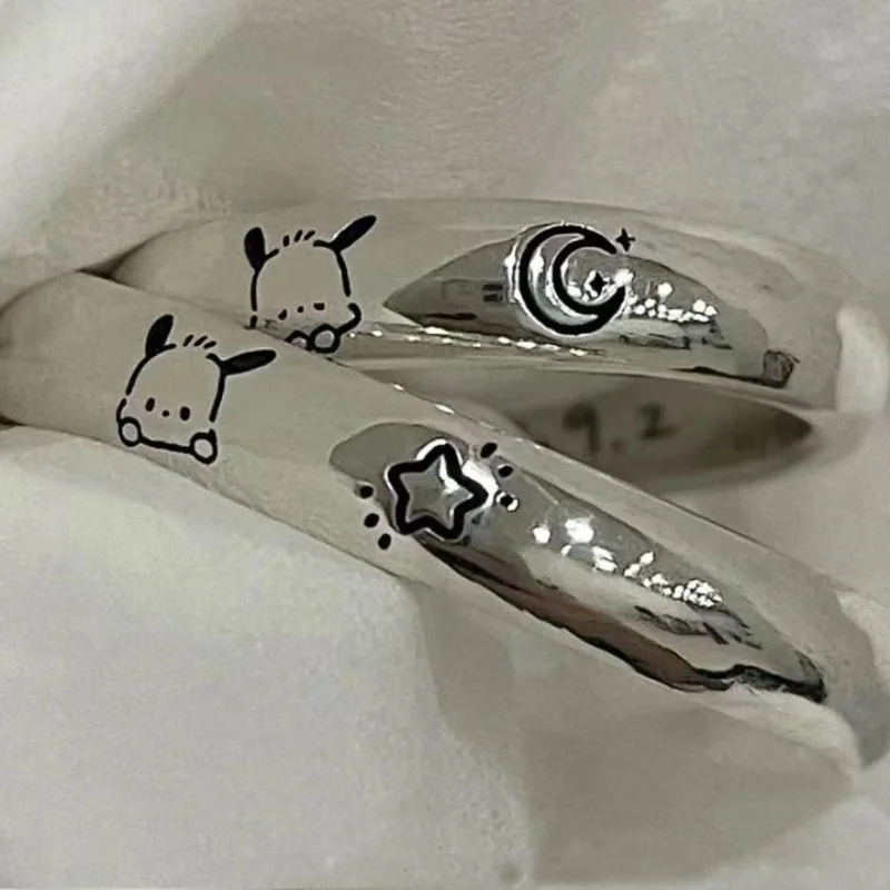 Bague Kawaii Sanrio en argent, personnage d\'anime Hello Kitty Pochacco, Couple, anneau ajustable à la mode, accessoires, cadeau pour enfants