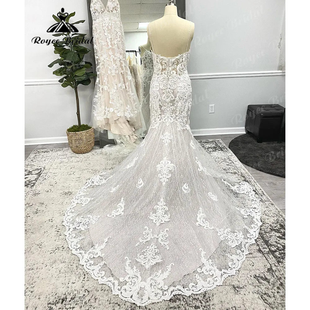 Vestido de novia con tirantes finos para mujer, traje de corte sirena con apliques de encaje, Espalda descubierta, 2024