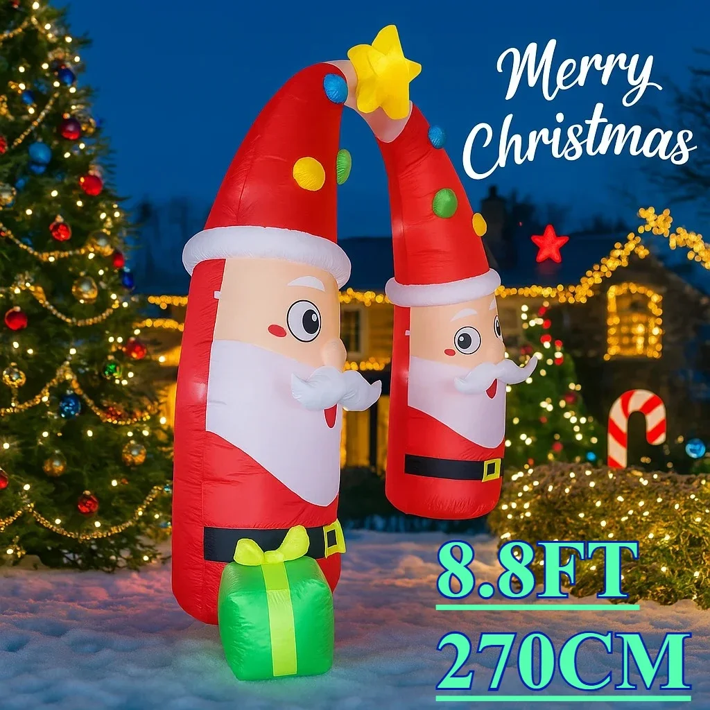 8.8FT Inflatable Christmas Toy Santa Archway Decoration Xmas Yard Decor LED Star Boxes Double Santa Design Yard Decorations