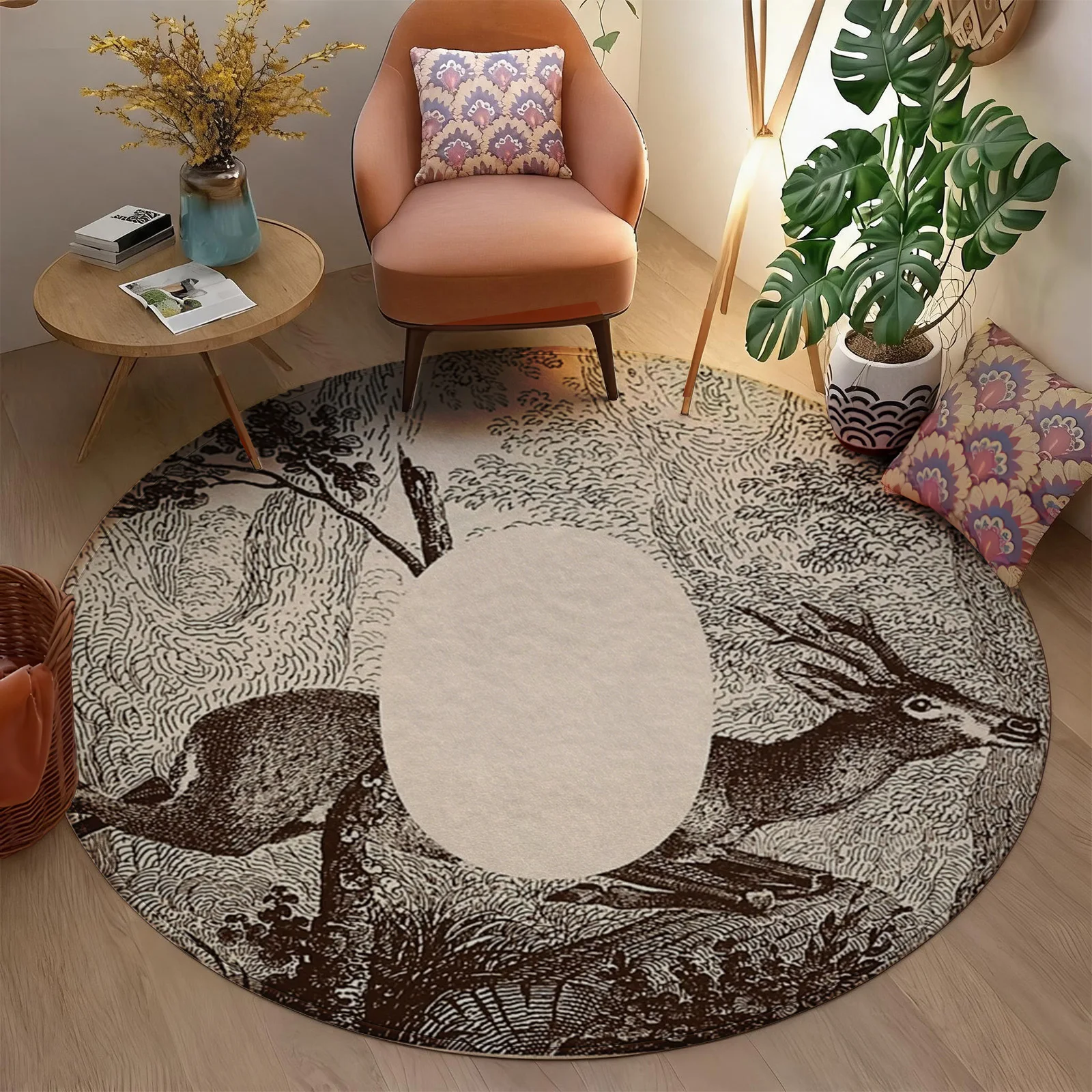 Stylish Round Deer Print Area Rug Boho Farmhouse Living Room Accent Carpet Wildlife Animal Pattern Decor Nursery Mat Islamic Sty - view 3
