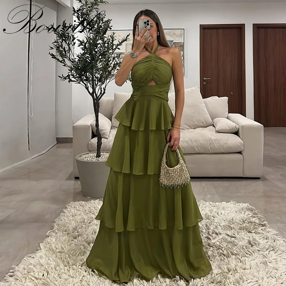 

Bowith Halter Chiffon Evening Dresses A-line Floor-Length Prom Gowns Customized Tiered Ruffle Party Dresses robes de soirée