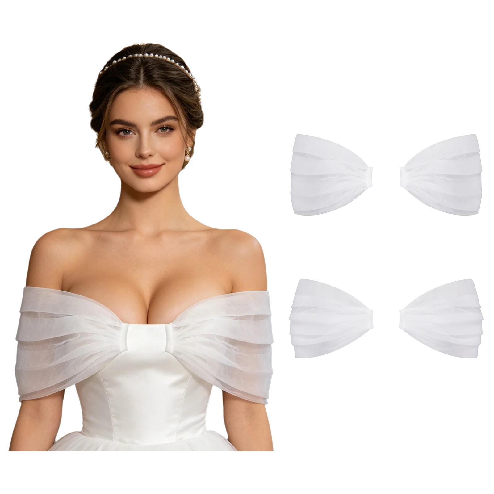 Woman Puff Sleeves Shawl Tulle Sleeves Ruched Separated-type Shoulder Wraps for Wedding Birthday Gowns Party Dress Accessories