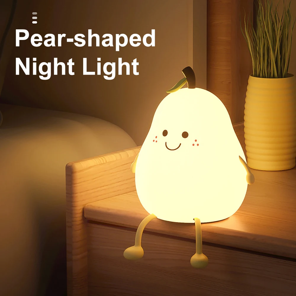 Creative Mini Led Pear Shape Touch Lamp Pat Light Bedroom Lamp Soft Silicone Rechargeable Night Light for Kids Gift Room Decor